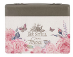Gray / white floral Be Still Bible Cover